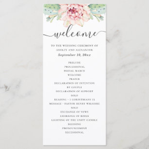 Watercolor succulents wedding. Pink floral cactus Programme