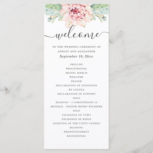 Watercolor succulents wedding. Pink floral cactus Programme (Front)