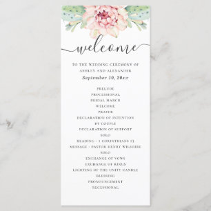 Watercolor succulents wedding. Pink floral cactus Programme