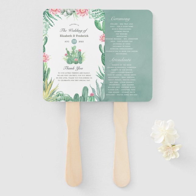 Watercolor Succulents Wedding Program Hand Fan (Front and Back)