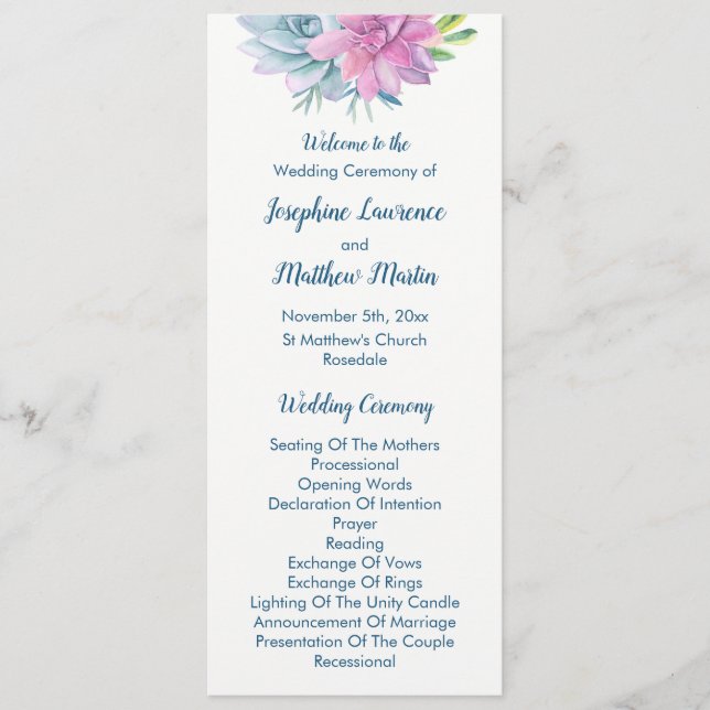 Watercolor Succulents Wedding Programs Programme (Front)