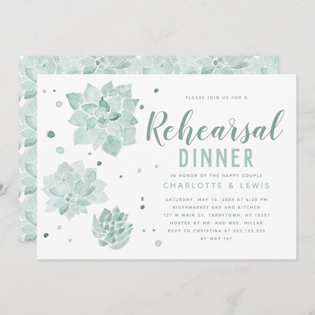 Watercolor Succulents Wedding Rehearsal Dinner Invitation (Front/Back)