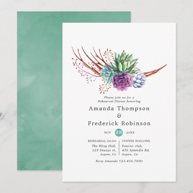 Watercolor Succulents Wedding Rehearsal Dinner Invitation (Front/Back)