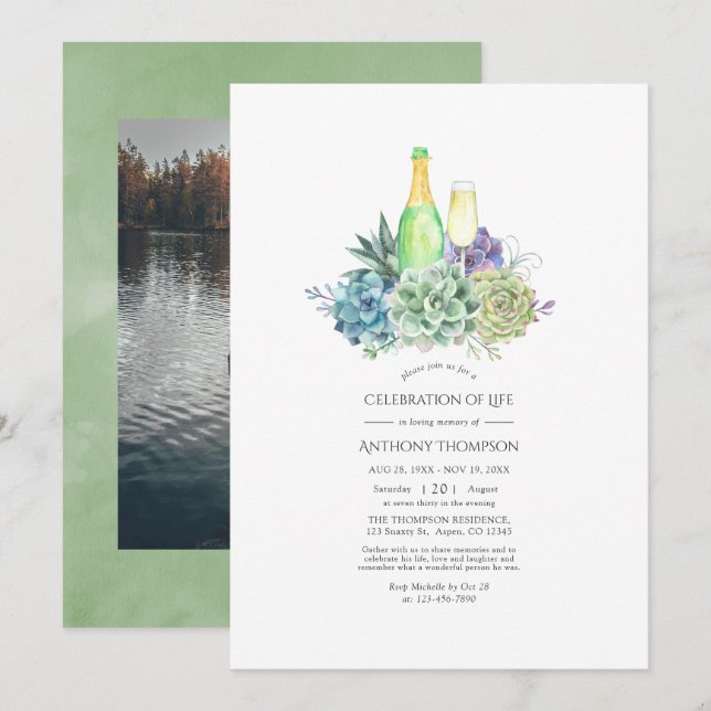 Watercolor Succulents Wine Celebration of Life Invitation (Front/Back)