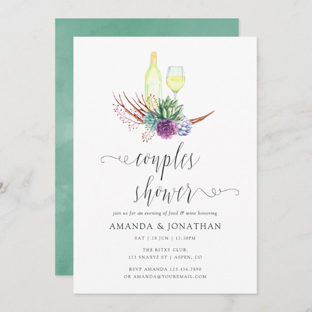 Watercolor Succulents Wine Tasting Couples Shower Invitation (Front/Back)