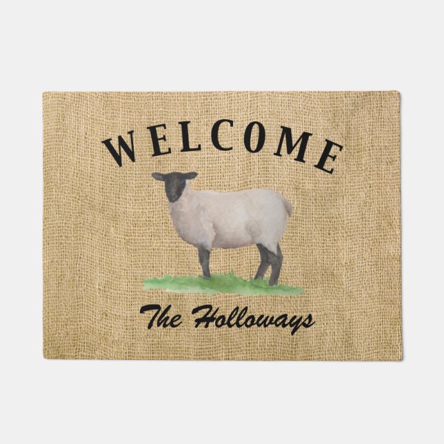 Watercolor Suffolk Sheep Doormat (Front)
