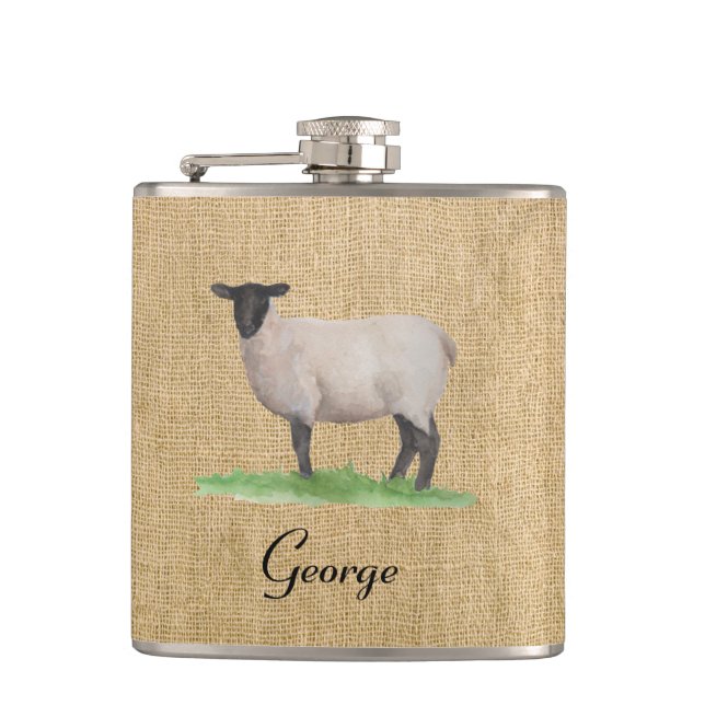 Watercolor Suffolk Sheep Hip Flask (Front)