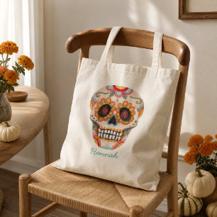 Watercolor Sugar Skull Day of the Dead Tote Bag