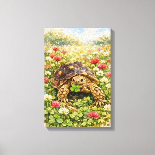 Watercolor Sulcata Tortoise with lucky clover Canvas Print (Front)