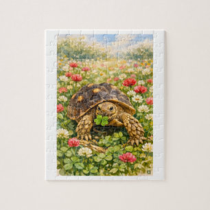 Watercolor Sulcata Tortoise with lucky clover Jigsaw Puzzle