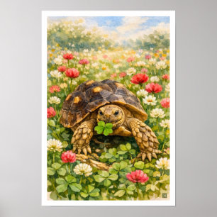 Watercolor Sulcata Tortoise with lucky clover Poster