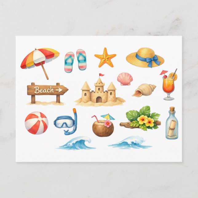 Watercolor Summer Beach Fun  Postcard (Front)