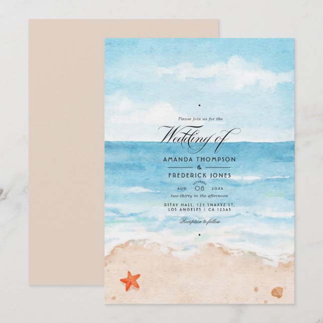 Watercolor Summer Beach Wedding Invitation (Front/Back)