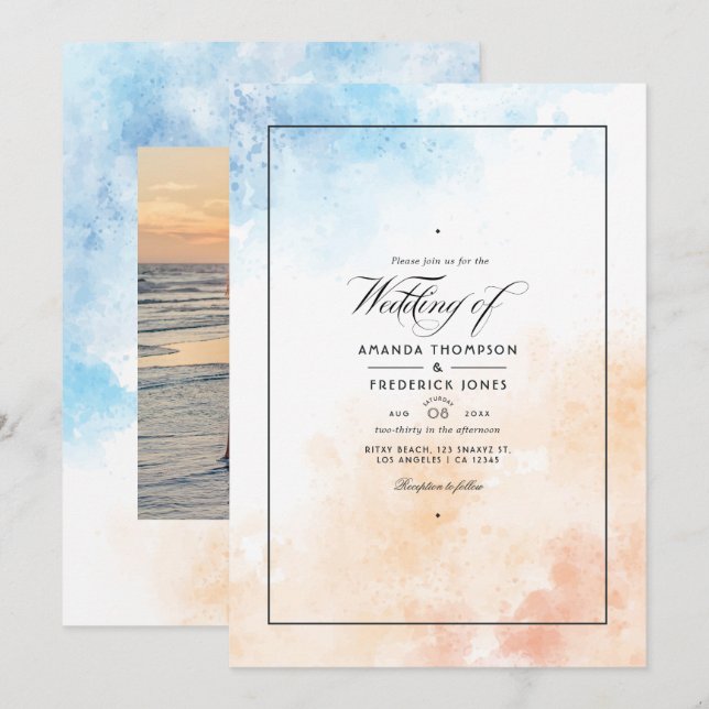 Watercolor Summer Beach Wedding Invitation (Front/Back)