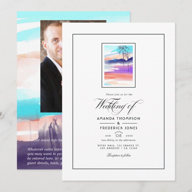 Watercolor Summer Beach Wedding Invitation (Front/Back)