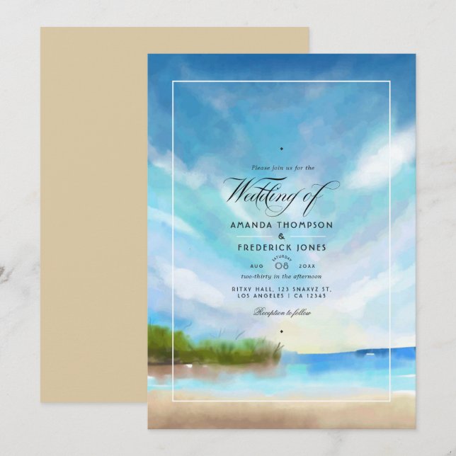 Watercolor Summer Beach Wedding Invitation (Front/Back)