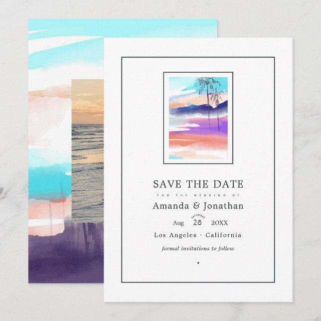 Watercolor Summer Beach Wedding Photo Save The Date (Front/Back)