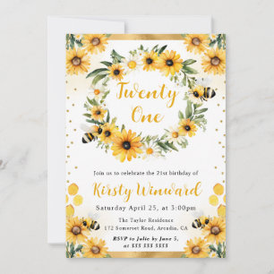 Watercolor Summer Bee and Sunflowers 21st Birthday Invitation