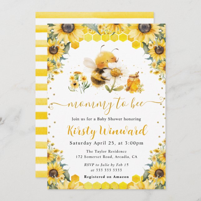 Watercolor Summer Bee and Sunflowers Baby Shower Invitation (Front/Back)