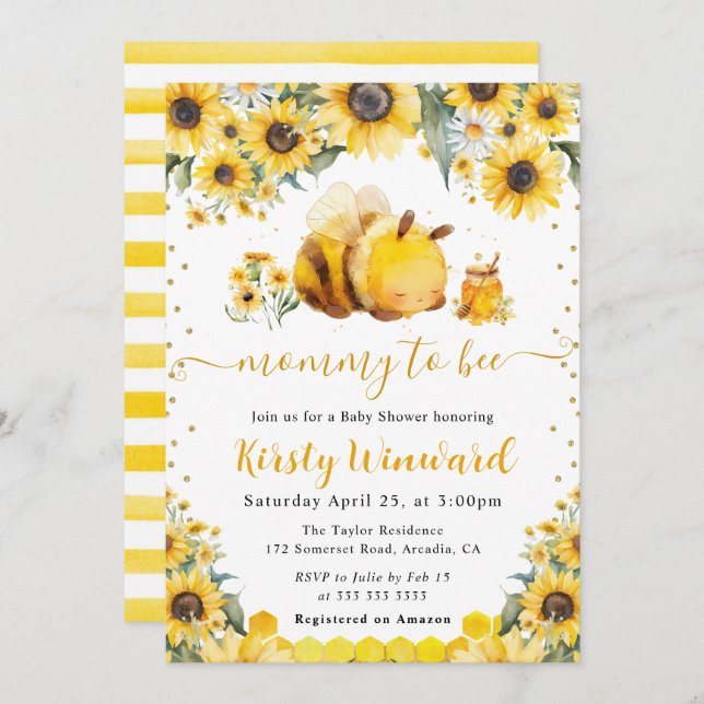Watercolor Summer Bee and Sunflowers Baby Shower Invitation (Front/Back)