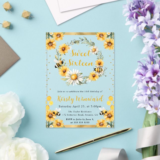 Watercolor Summer Bee and Sunflowers Sweet 16 Acrylic Invitations (Insitu (Wedding))