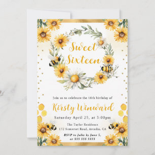 Watercolor Summer Bee and Sunflowers Sweet 16 Invitation
