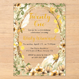 Watercolor Summer Bees and Flowers 21st Birthday Acrylic Invitations