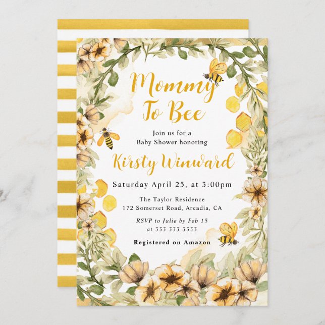 Watercolor Summer Bees and Flowers Baby Shower Invitation (Front/Back)