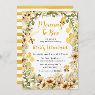 Watercolor Summer Bees and Flowers Baby Shower Invitation