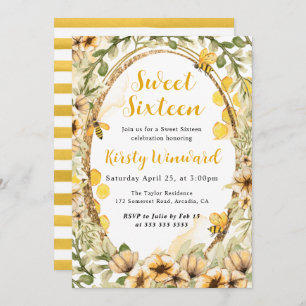 Watercolor Summer Bees and Flowers Sweet Sixteen Invitation