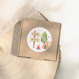 Watercolor Summer Camping Girls Birthday Party Classic Round Sticker