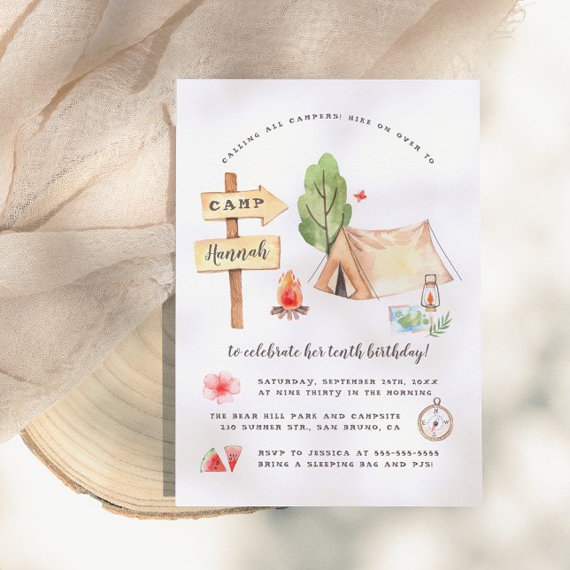 Watercolor Summer Camping Girls Birthday Party Invitation (Creator Uploaded)
