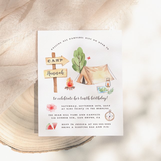 Watercolor Summer Camping Girls Birthday Party Invitation Postcard (Creator Uploaded)