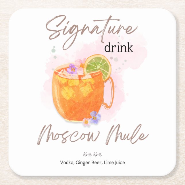 Watercolor Summer cocktail Square Paper Coaster (Front)