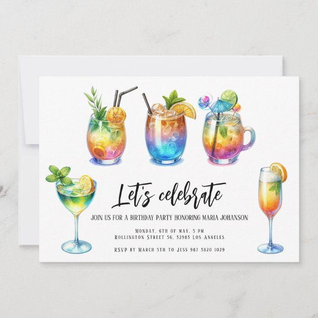 Watercolor Summer Cocktails Birthday Party Invitation (Front)
