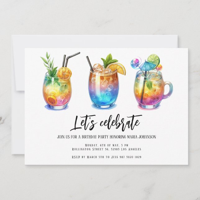 Watercolor Summer Cocktails Birthday Party Invitation (Front)