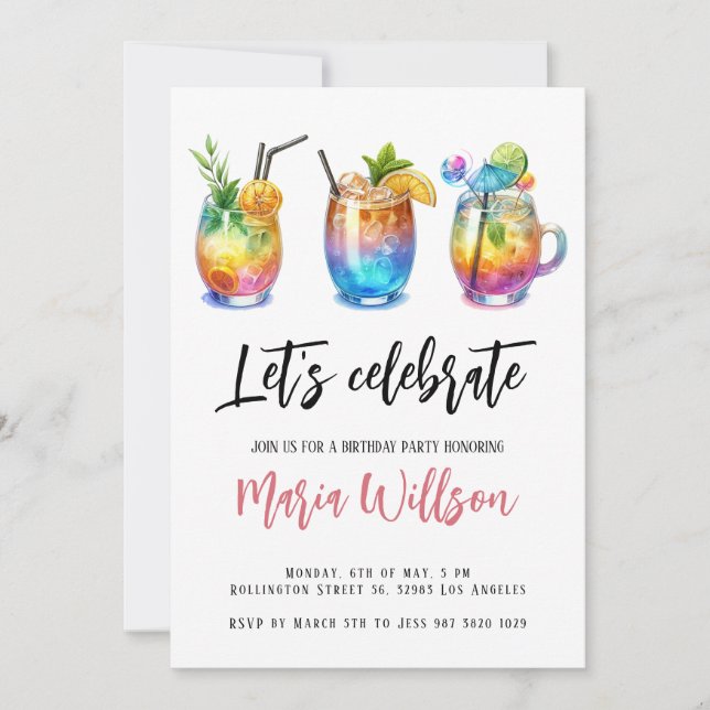 Watercolor Summer Cocktails Birthday Party Invitation (Front)