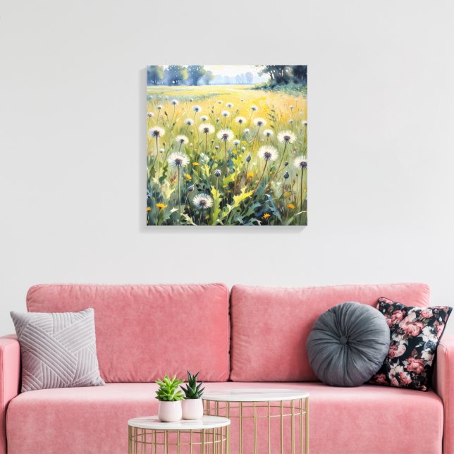 Watercolor Summer Dandelion Field Canvas Print (Insitu(LivingRoom))