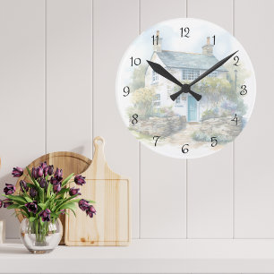 Watercolor Summer English Country Cottage Round Clock