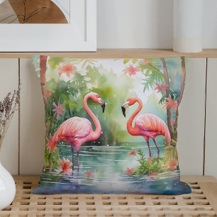Watercolor Summer Flamingos Cushion