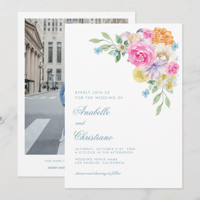 Watercolor Summer Floral Garden Party Wedding Invitation (Front/Back)