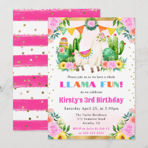 Watercolor Summer Floral Llama Kids Birthday Invitation