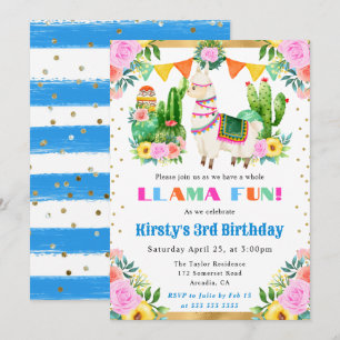 Watercolor Summer Floral Llama Kids Birthday Invitation