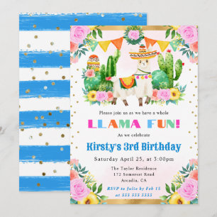 Watercolor Summer Floral Llama Kids Birthday Invitation