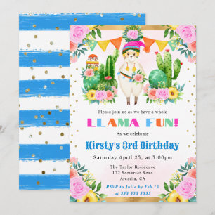 Watercolor Summer Floral Llama Kids Birthday Invitation