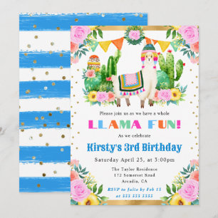 Watercolor Summer Floral Llama Kids Birthday Invitation