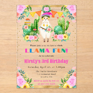 Watercolor Summer Floral Llamas Kids Birthday Acrylic Invitations