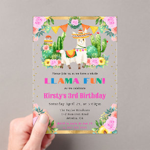 Watercolor Summer Floral Llamas Kids Birthday Acrylic Invitations