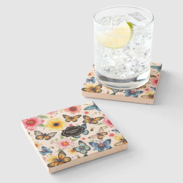 Watercolor summer flowers butterflies monogrammed stone coaster (Side)