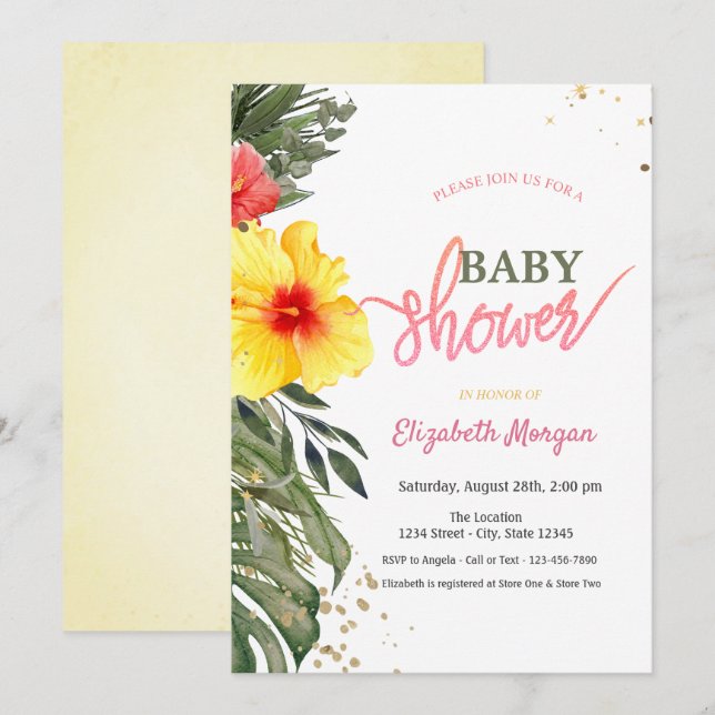 Watercolor Summer Flowers Hibiscus Baby Shower  Invitation (Front/Back)